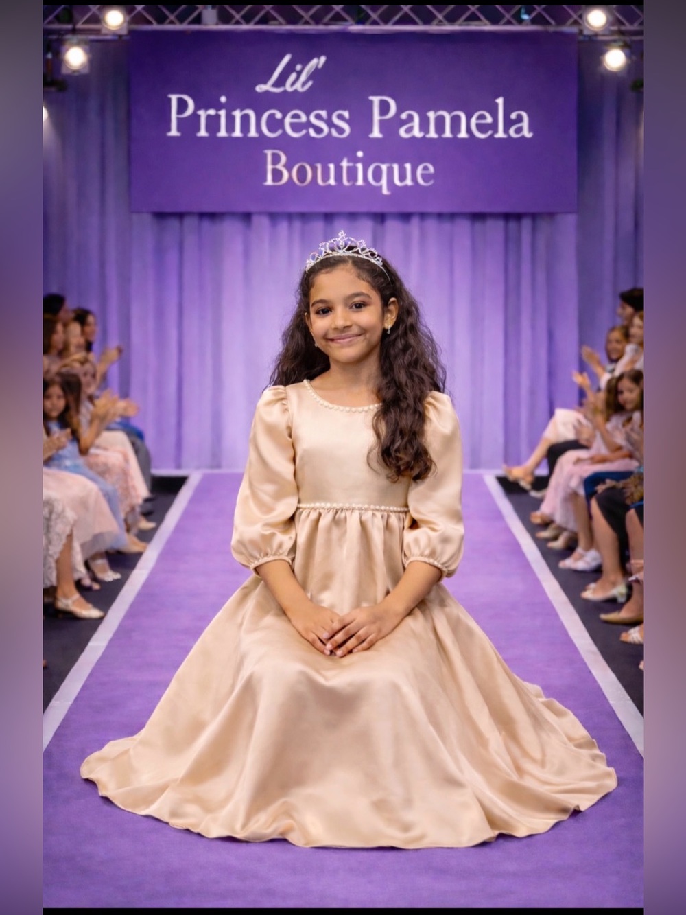 #226 A Youth Girl Champagne long sleeves Satin Dress-8Y